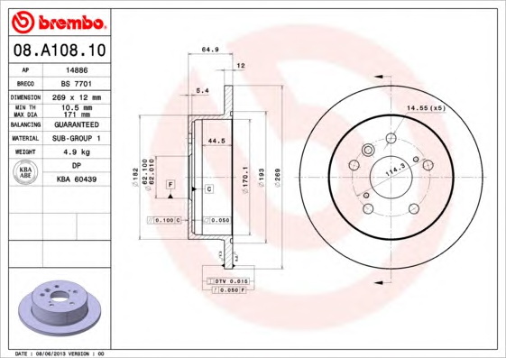 Гальмівний диск BREMBO 08.A108.10 - Фото #1