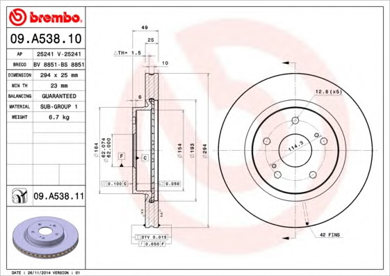 Тормозной диск BREMBO 09.A538.10 - Фото #1