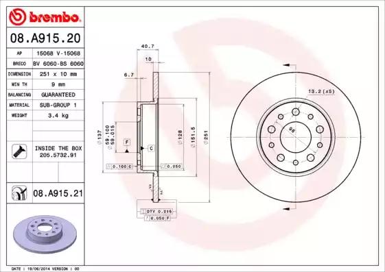 Тормозной диск BREMBO 08.A915.21 - Фото #1