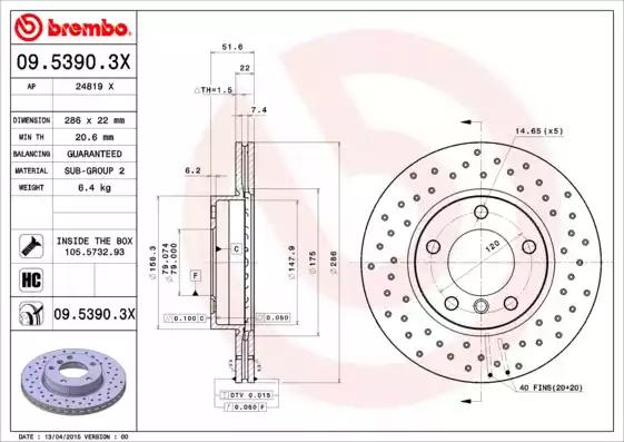 Тормозной диск BREMBO 09.5390.3X - Фото #1