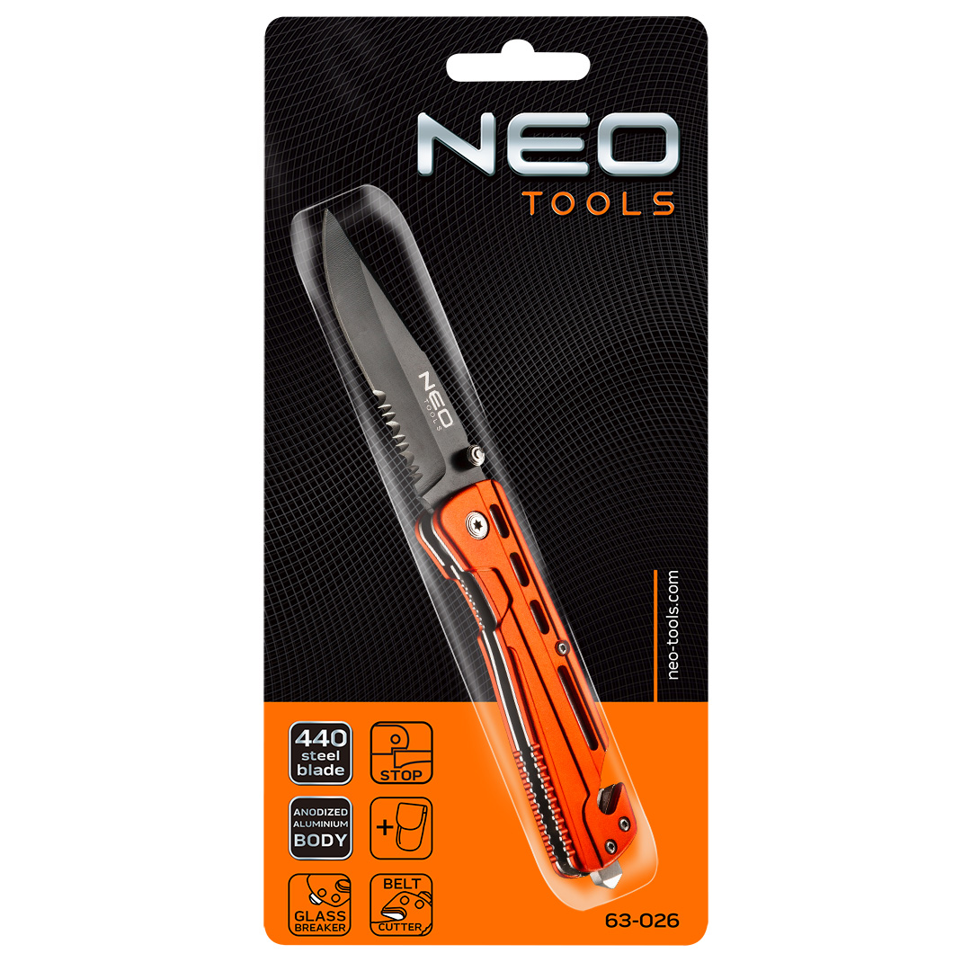 Нож складной с фиксатором, с лезвием для разрезания ремней Neo Tools 63-026 - Фото #2