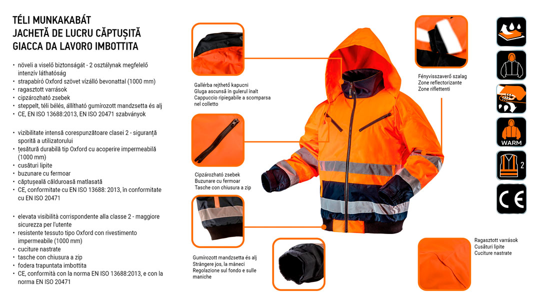 Утепленная рабочая сигнальная куртка, оранжевая, размер S Neo Tools 81-711-S - Фото #9