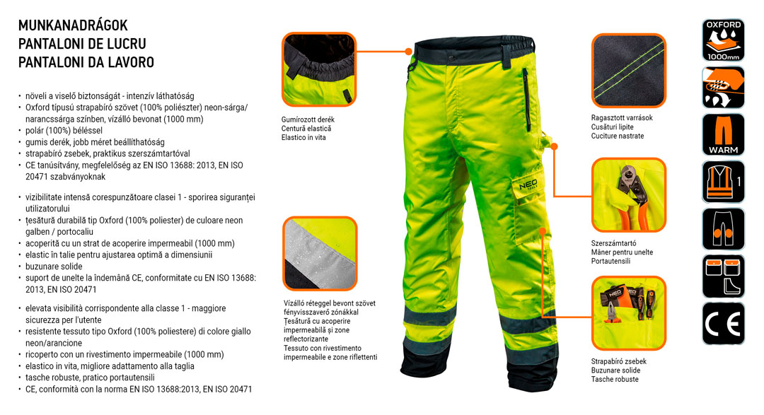 Сигнальные утепленные рабочие брюки, желтые, размер L Neo Tools 81-760-L - Фото #3