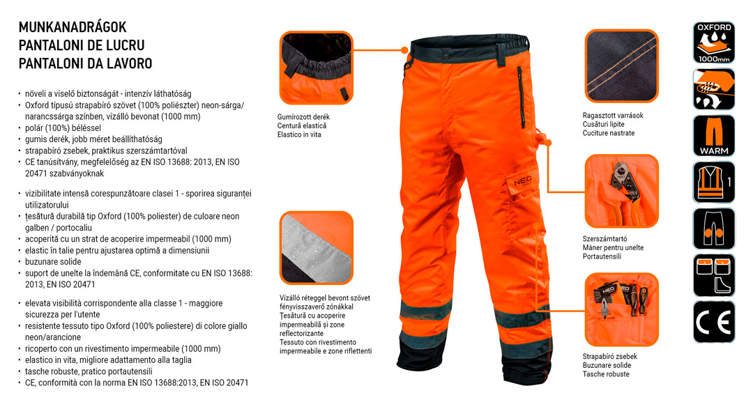 Сигнальные утепленные рабочие брюки, оранжевые, размер L Neo Tools 81-761-L - Фото #3